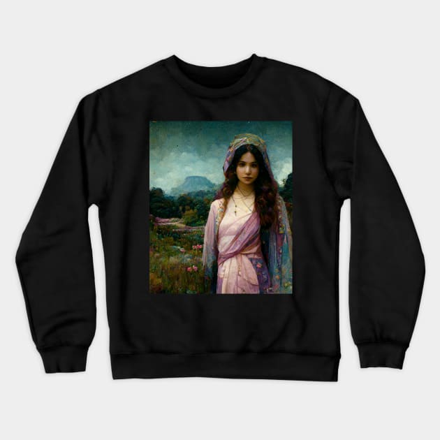 Mary Magdalene, Beautiful Woman, Silk Clothes, Surrounded by a Lush Natural Landscape, Pastel Colors, Mystic, Fantasy, Highly Detailed, Fineart Crewneck Sweatshirt by AntielARt